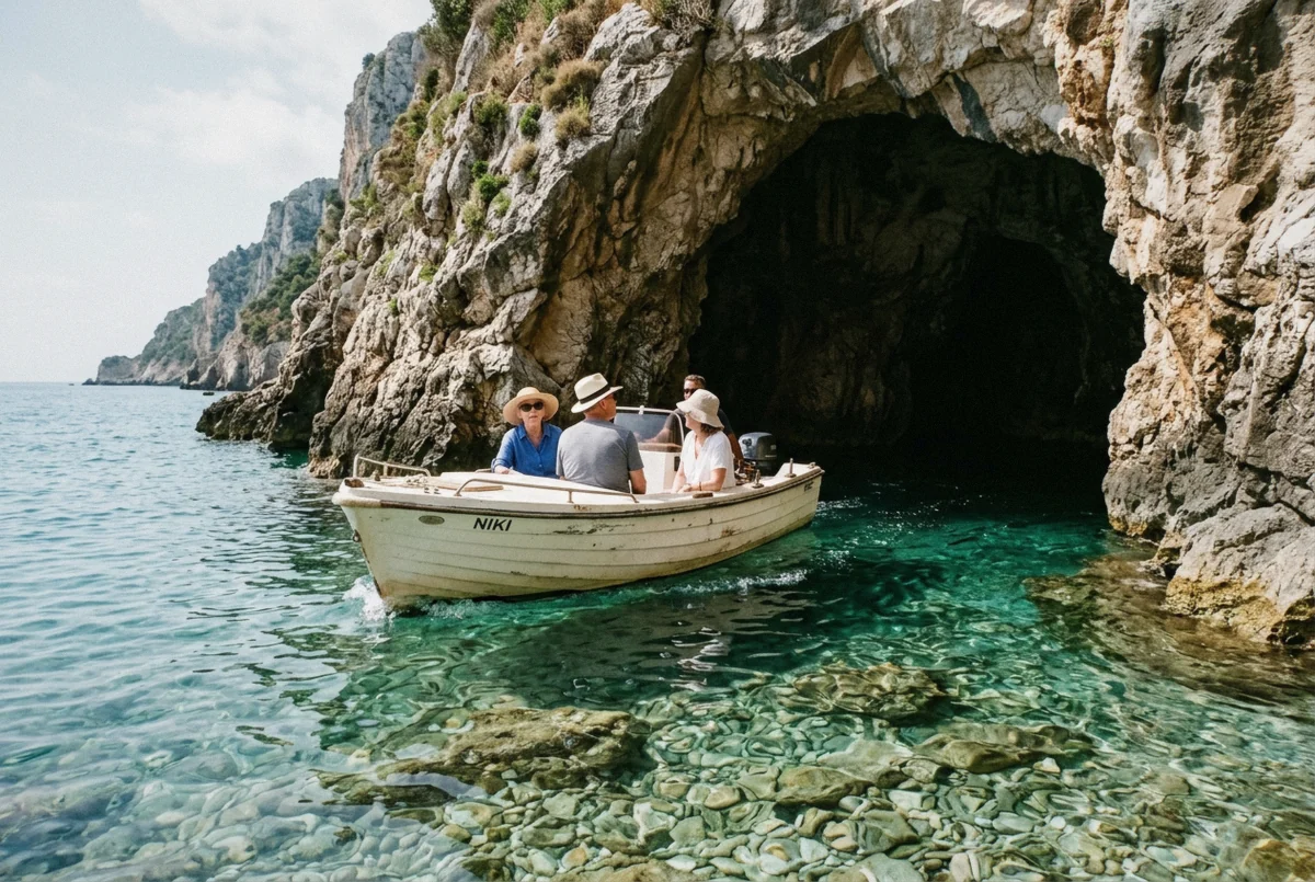 A small speedboat idling at a limestone cave mouth on a Paleokastritsa Corfu boat tour